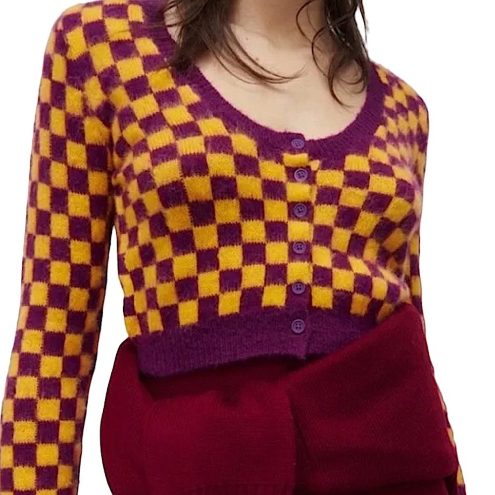 ZARA: NWT Checkered Tangerine/Purple Crop Button-Up Cardigan Sweater -Size Small